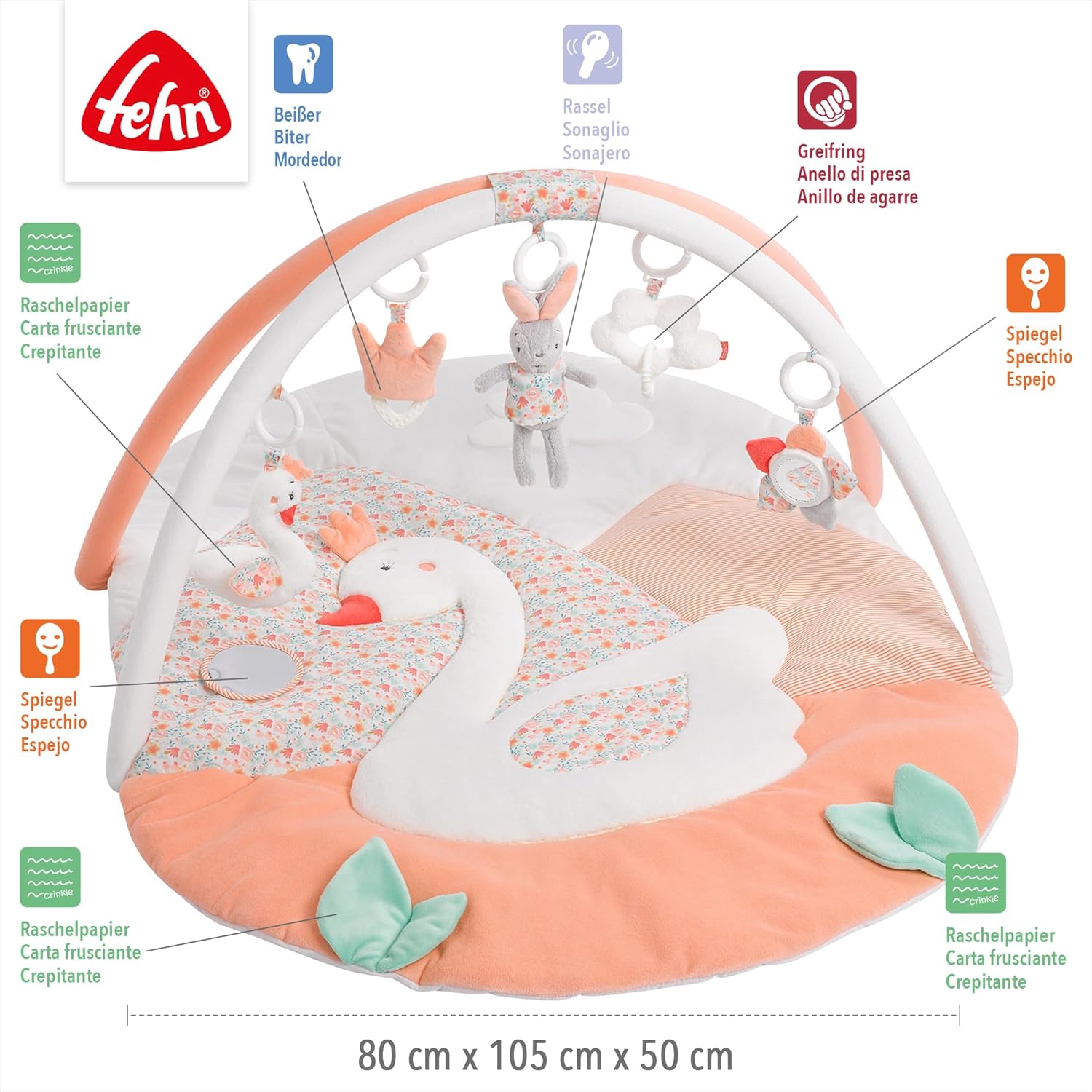 Fehn manta de actividades 3D arco de juegos cisne - Manta de juego para bebés con 5 juguetes extraíbles para agarrar - para b