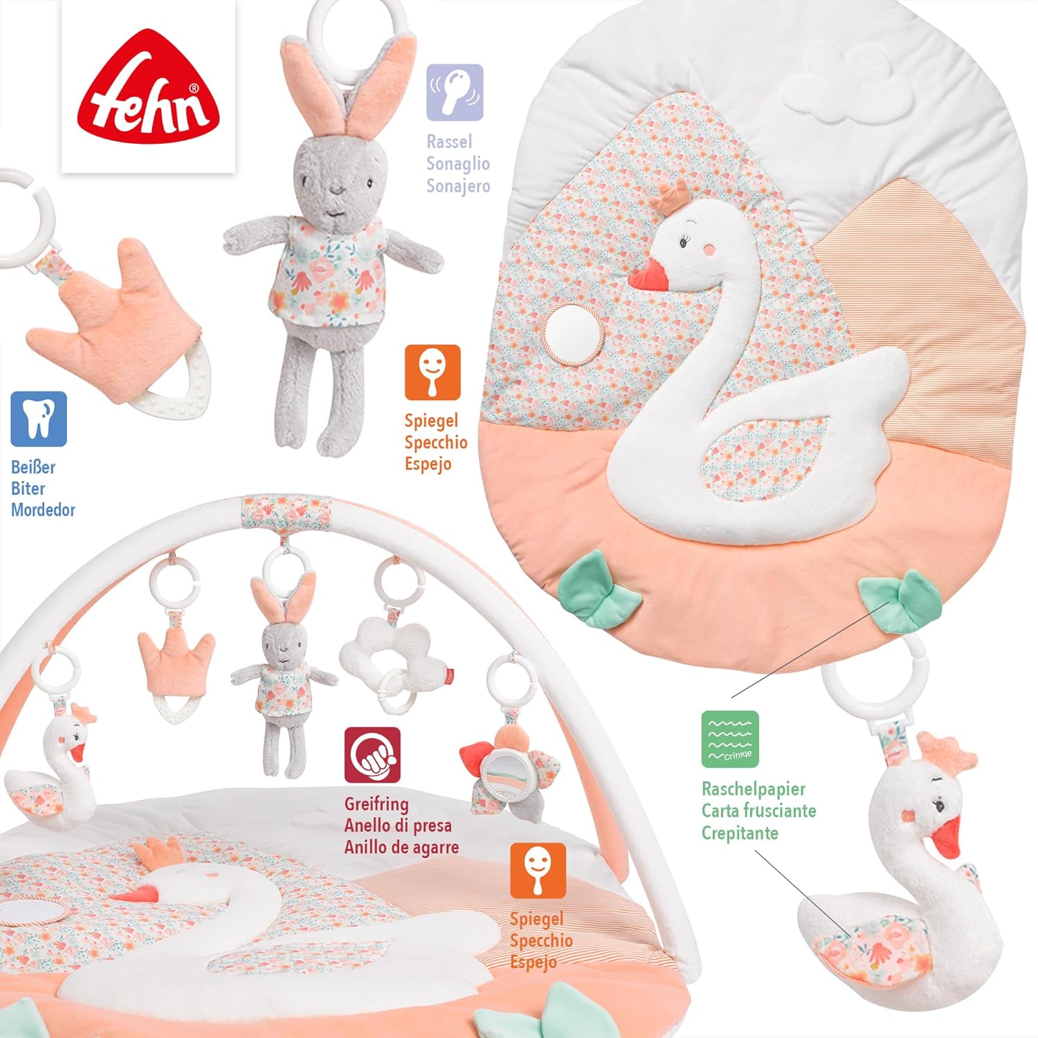Fehn manta de actividades 3D arco de juegos cisne - Manta de juego para bebés con 5 juguetes extraíbles para agarrar - para b