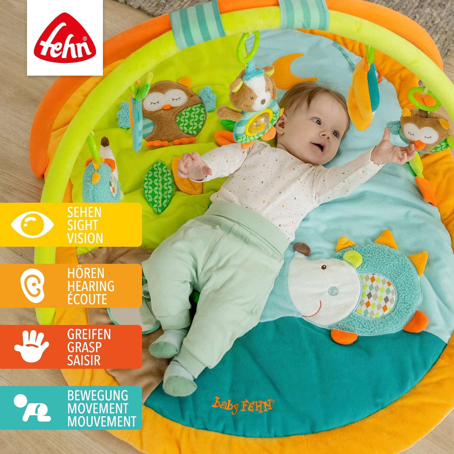 Fehn manta de actividades 3D arco de juegos Forest - Manta de juego para bebés con 5 juguetes extraíbles para agarrar - para
