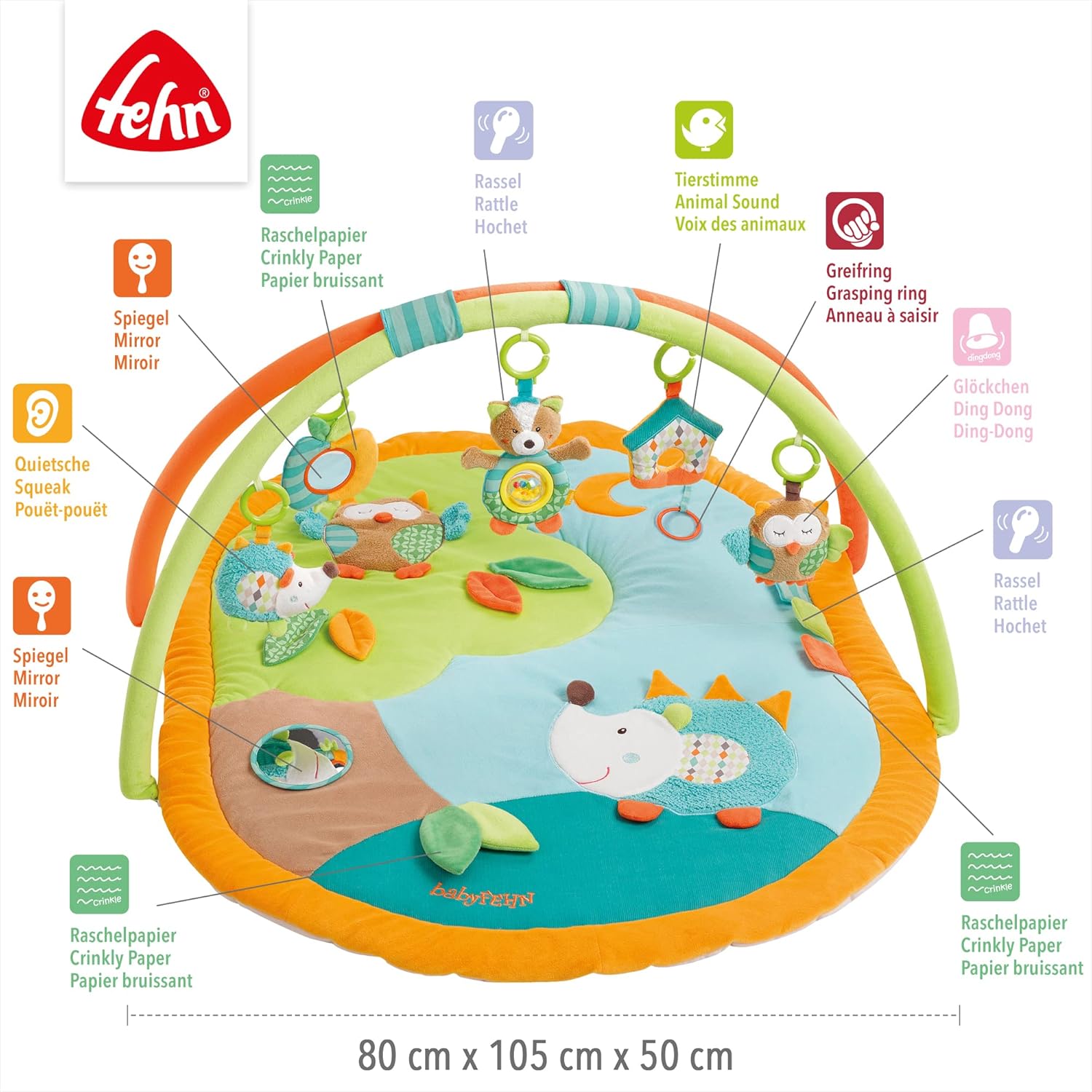 Fehn manta de actividades 3D arco de juegos Forest - Manta de juego para bebés con 5 juguetes extraíbles para agarrar - para