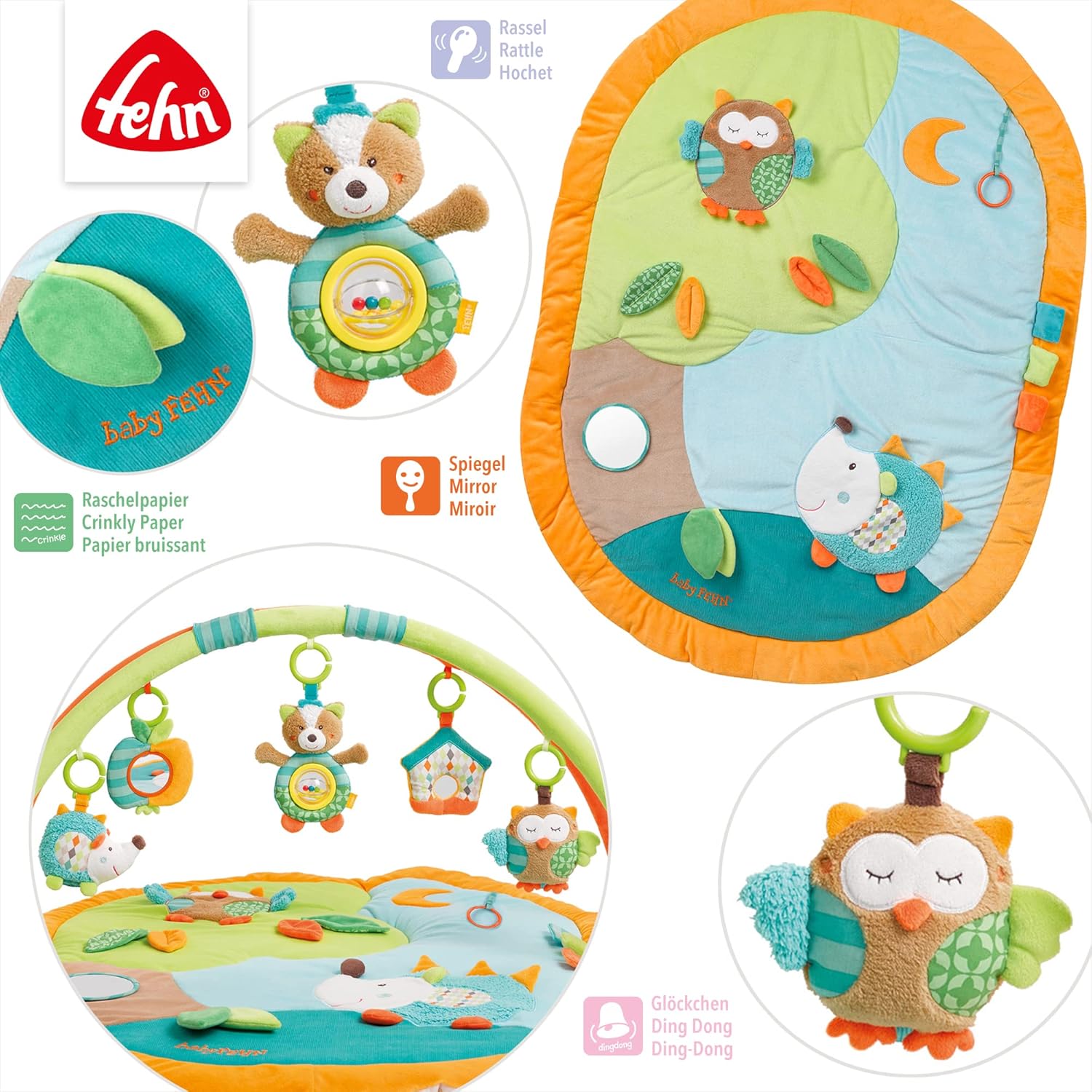 Fehn manta de actividades 3D arco de juegos Forest - Manta de juego para bebés con 5 juguetes extraíbles para agarrar - para