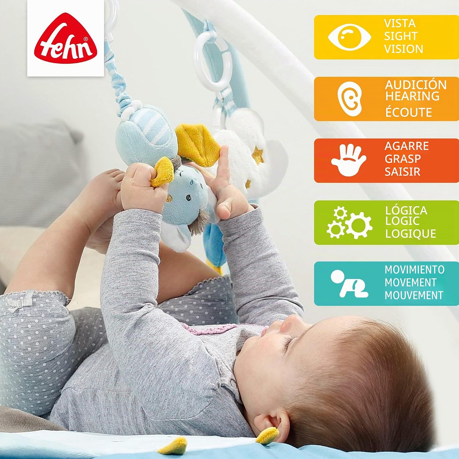 Fehn manta de actividades 3D arco de juegos Little Castle - Manta de juego para bebés con 5 juguetes extraíbles para agarrar
