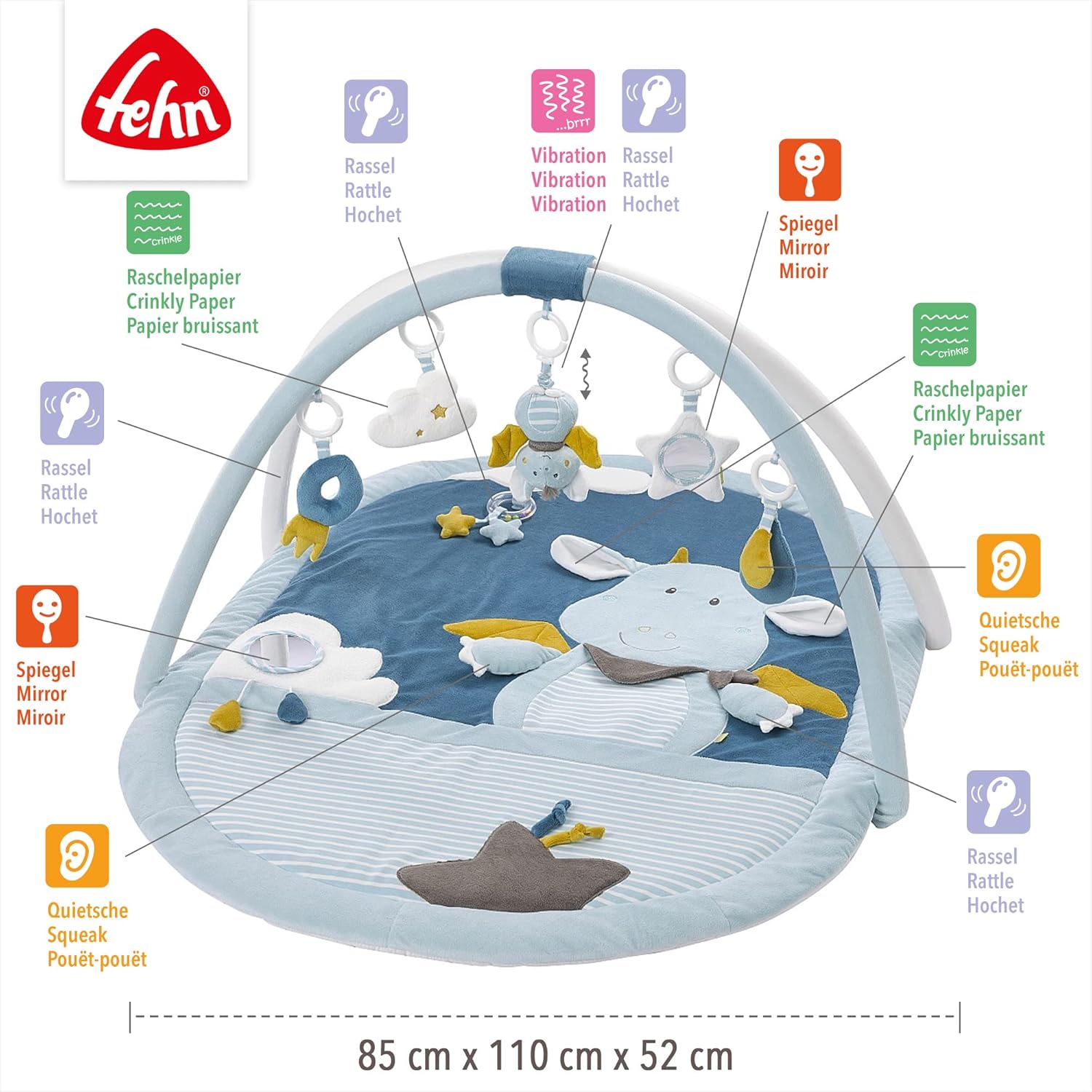 Fehn manta de actividades 3D arco de juegos Little Castle - Manta de juego para bebés con 5 juguetes extraíbles para agarrar