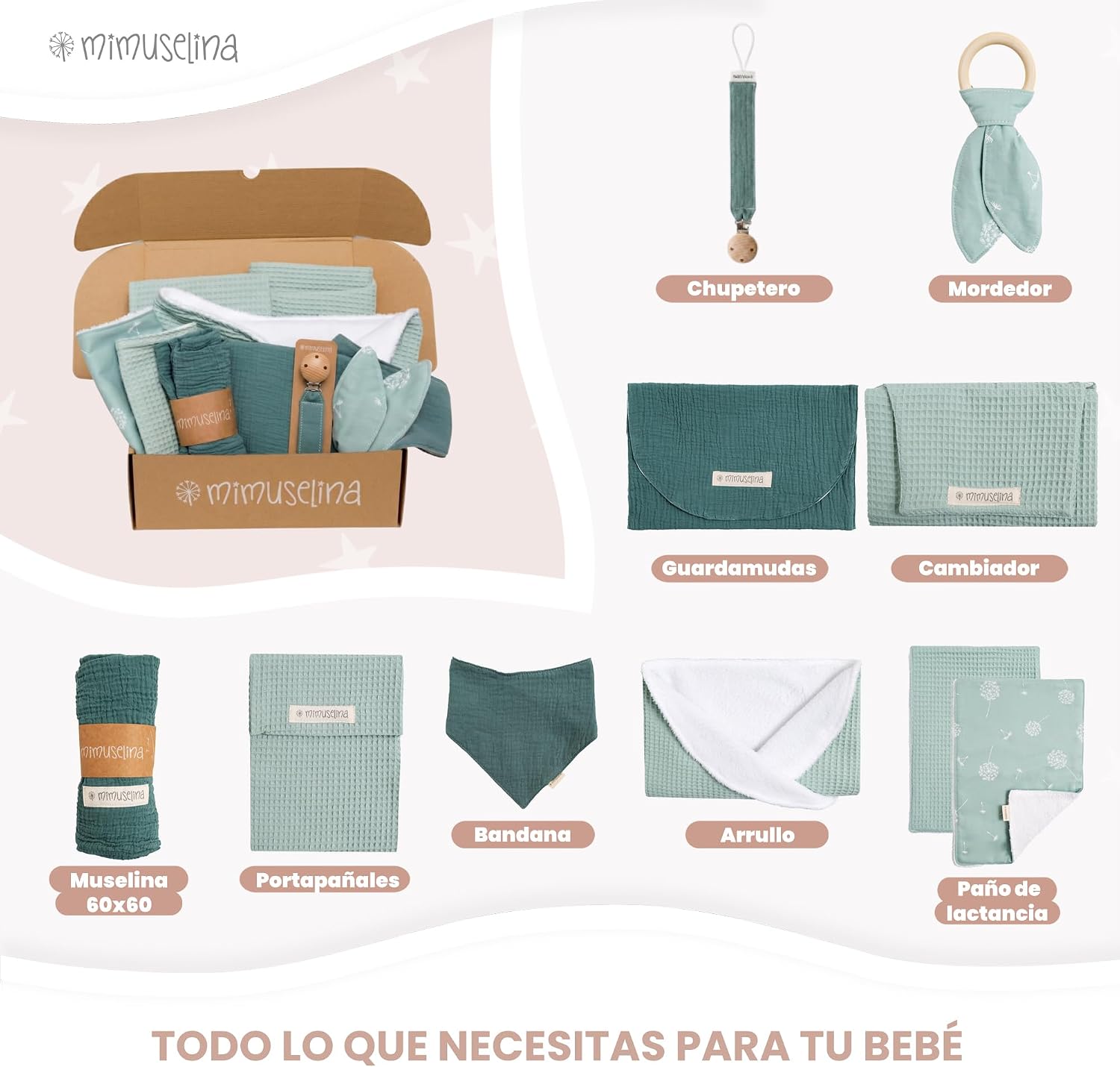 MIMUSELINA Pack Regalo Recien Nacido Niña o Niño | Cestas Bebe para Hospital o Baby Shower | Canastilla Bebe Recien Nacido Di