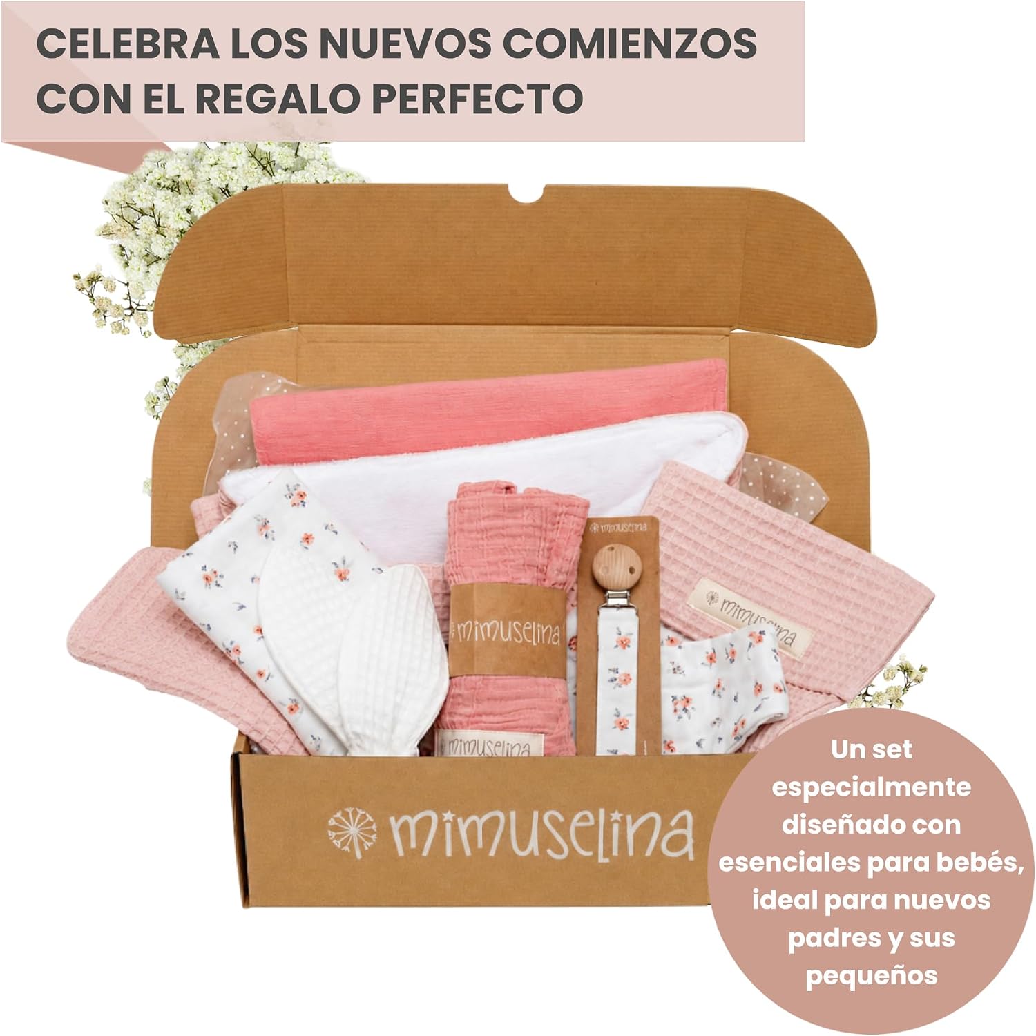 MIMUSELINA Pack Regalo Recien Nacido Niña o Niño | Cestas Bebe para Hospital o Baby Shower | Canastilla Bebe Recien Nacido Di