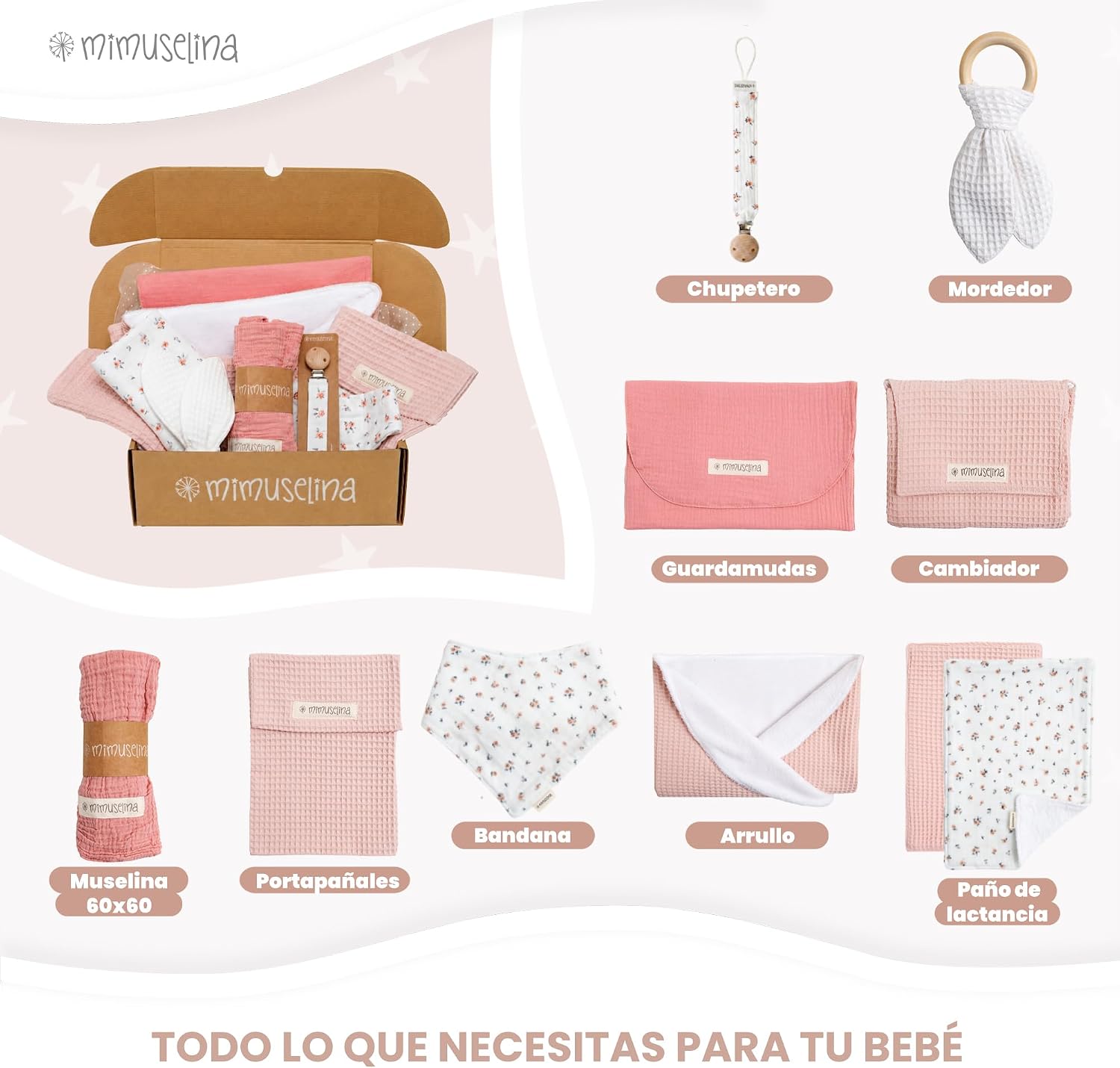 MIMUSELINA Pack Regalo Recien Nacido Niña o Niño | Cestas Bebe para Hospital o Baby Shower | Canastilla Bebe Recien Nacido Di