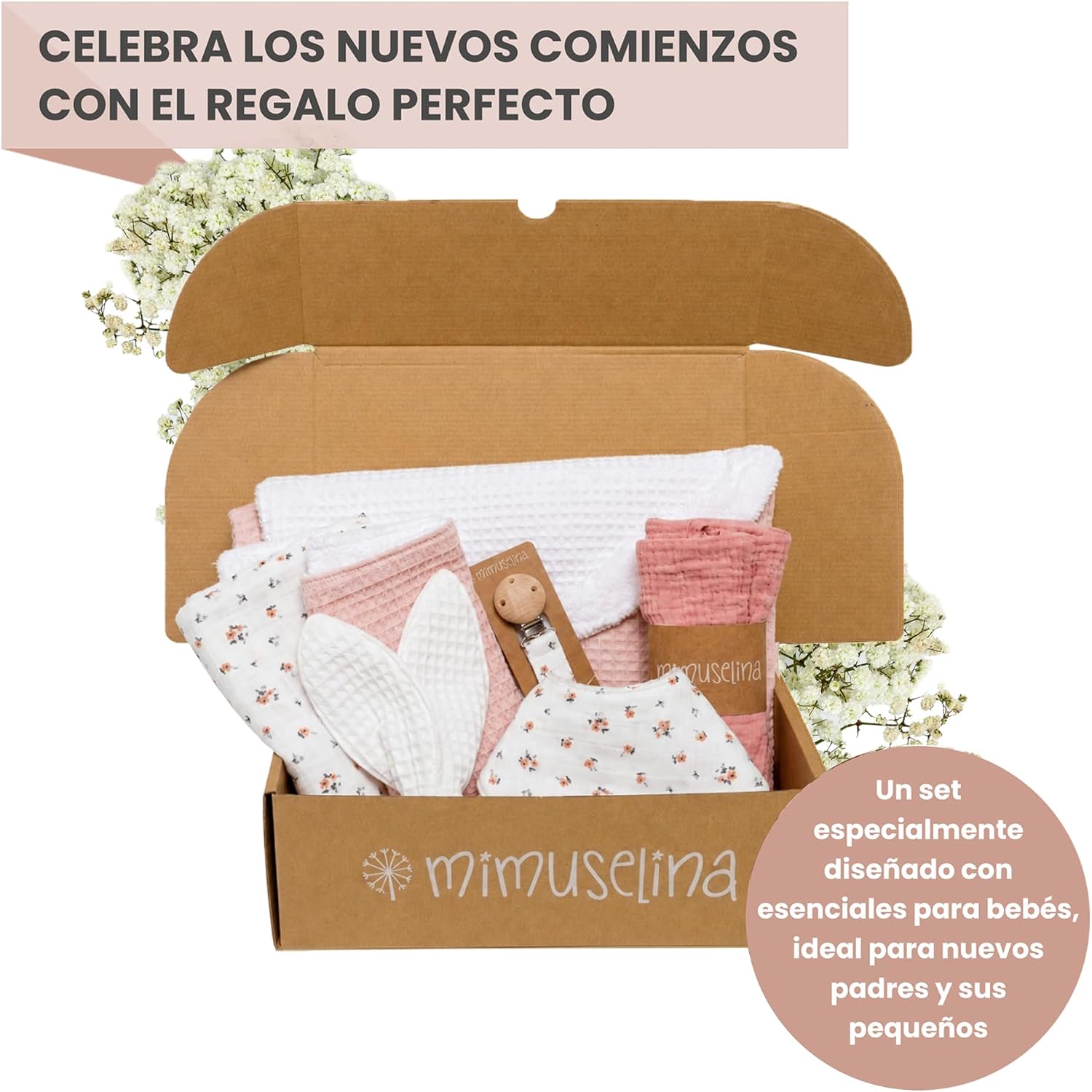 MIMUSELINA Pack Regalo Recien Nacido Niña o Niño | Cestas Bebe para Hospital o Baby Shower | Canastilla Bebe Recien Nacido Di