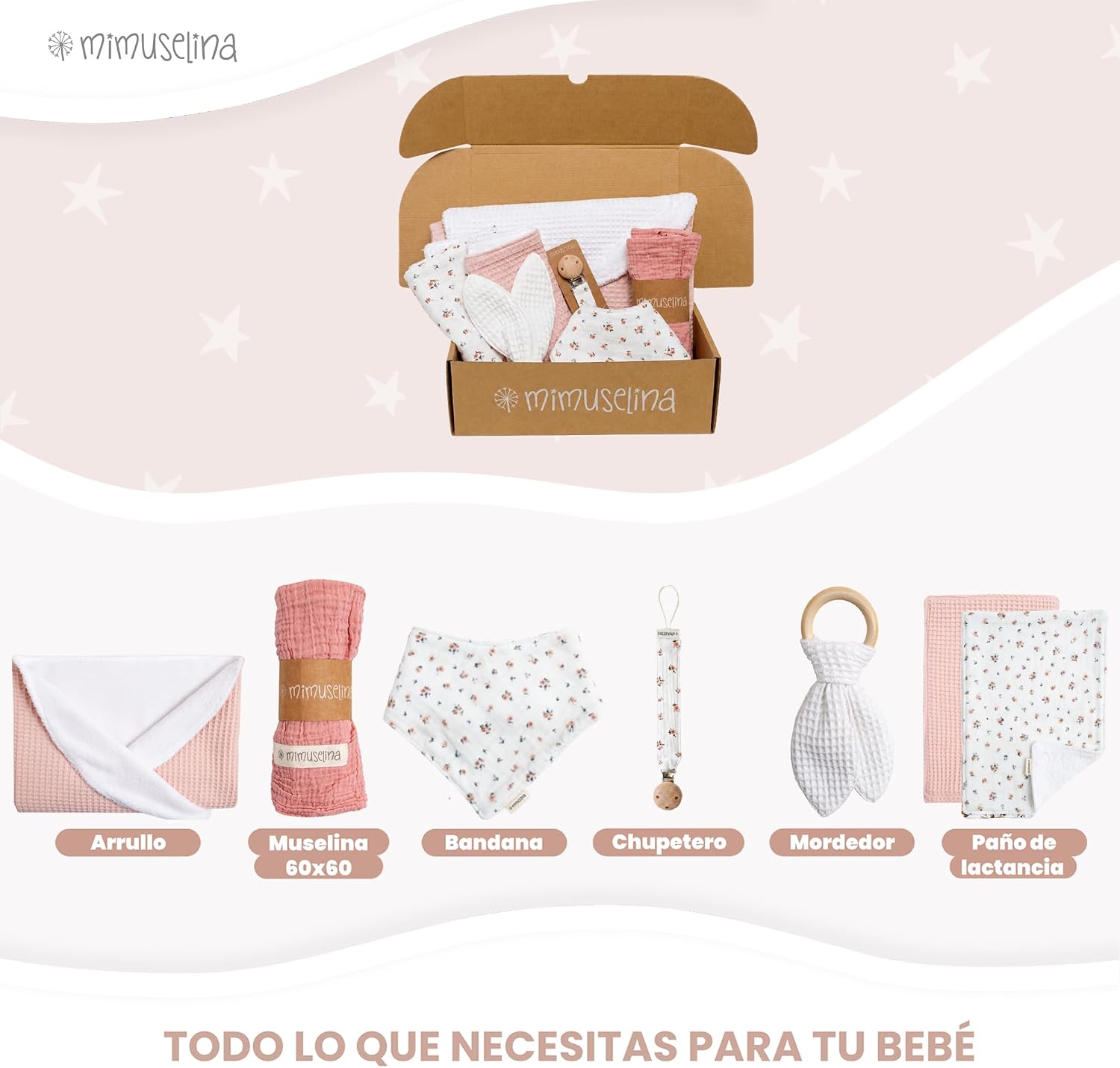 MIMUSELINA Pack Regalo Recien Nacido Niña o Niño | Cestas Bebe para Hospital o Baby Shower | Canastilla Bebe Recien Nacido Di