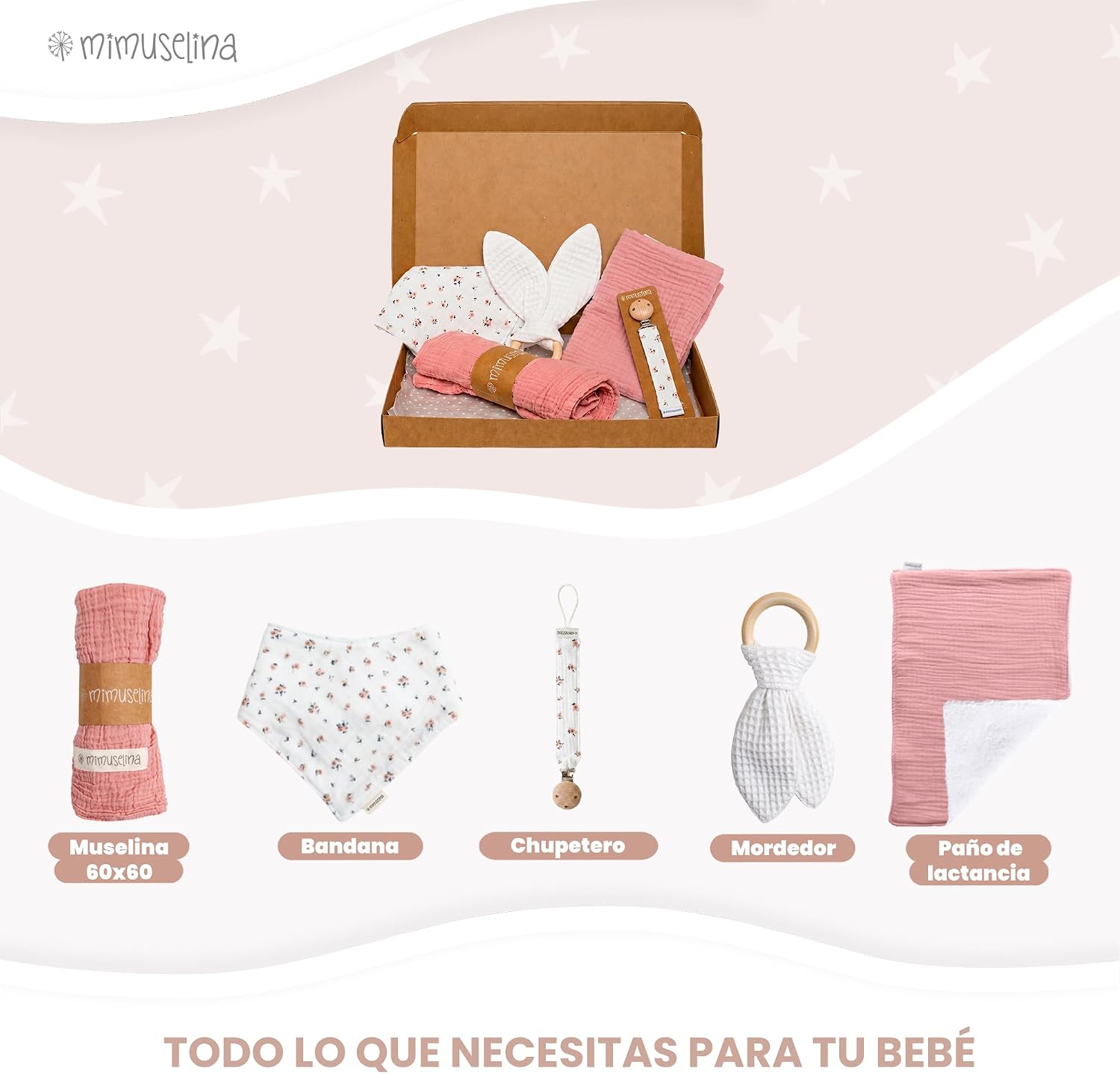MIMUSELINA Pack Regalo Recien Nacido Niña o Niño | Cestas Bebe para Hospital o Baby Shower | Canastilla Bebe Recien Nacido Di