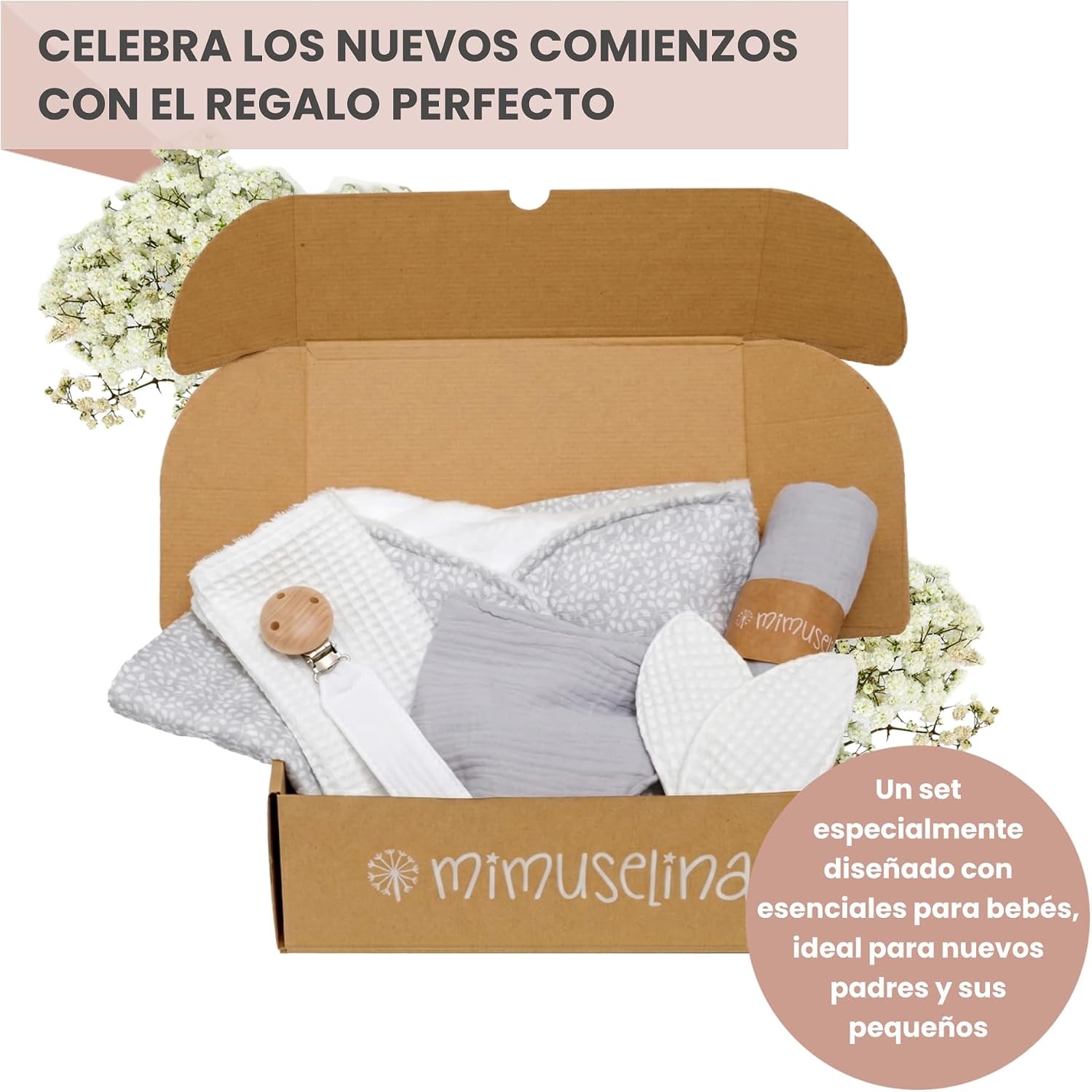 MIMUSELINA Pack Regalo Recien Nacido Niña o Niño | Cestas Bebe para Hospital o Baby Shower | Canastilla Bebe Recien Nacido Di