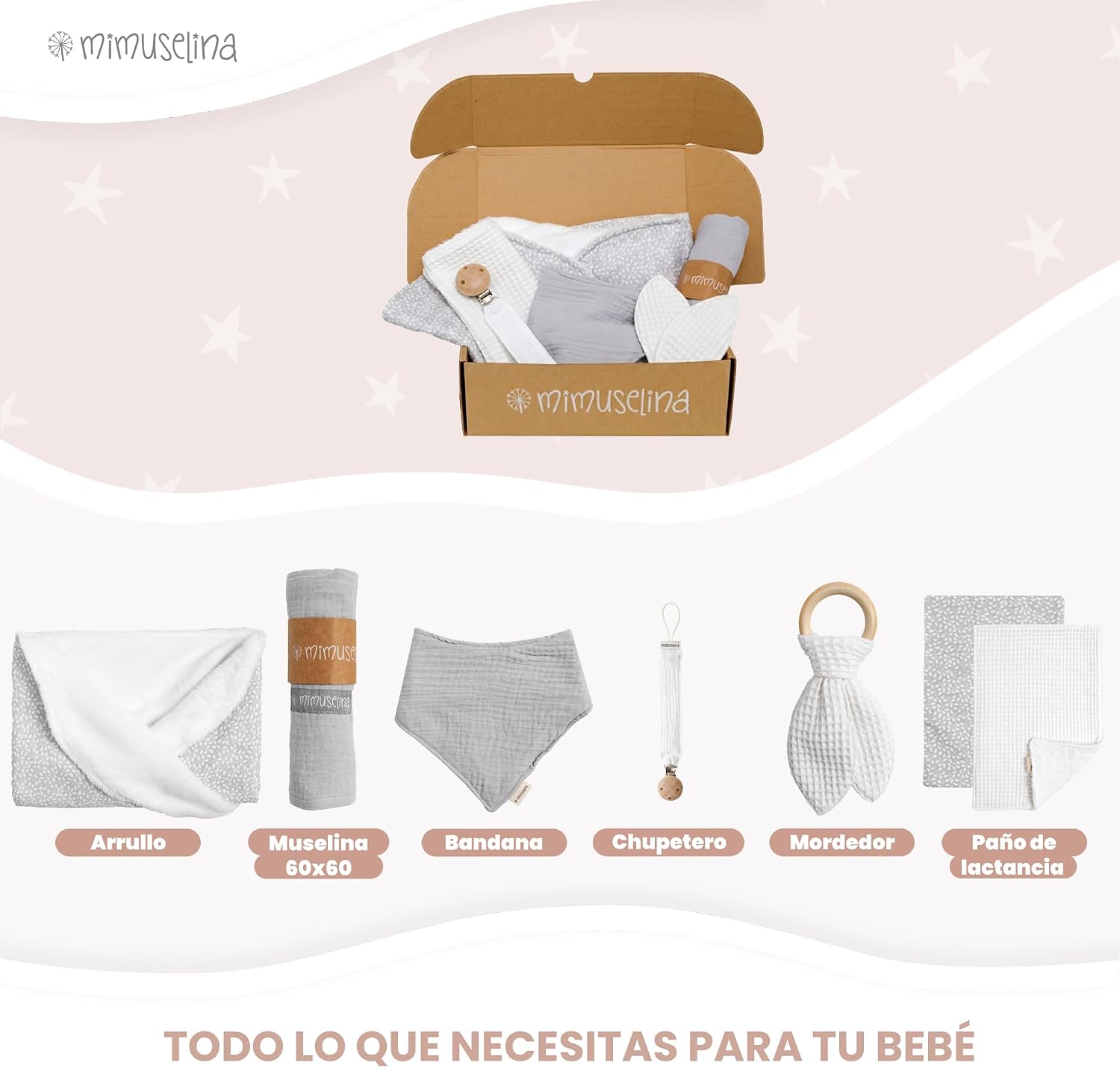 MIMUSELINA Pack Regalo Recien Nacido Niña o Niño | Cestas Bebe para Hospital o Baby Shower | Canastilla Bebe Recien Nacido Di