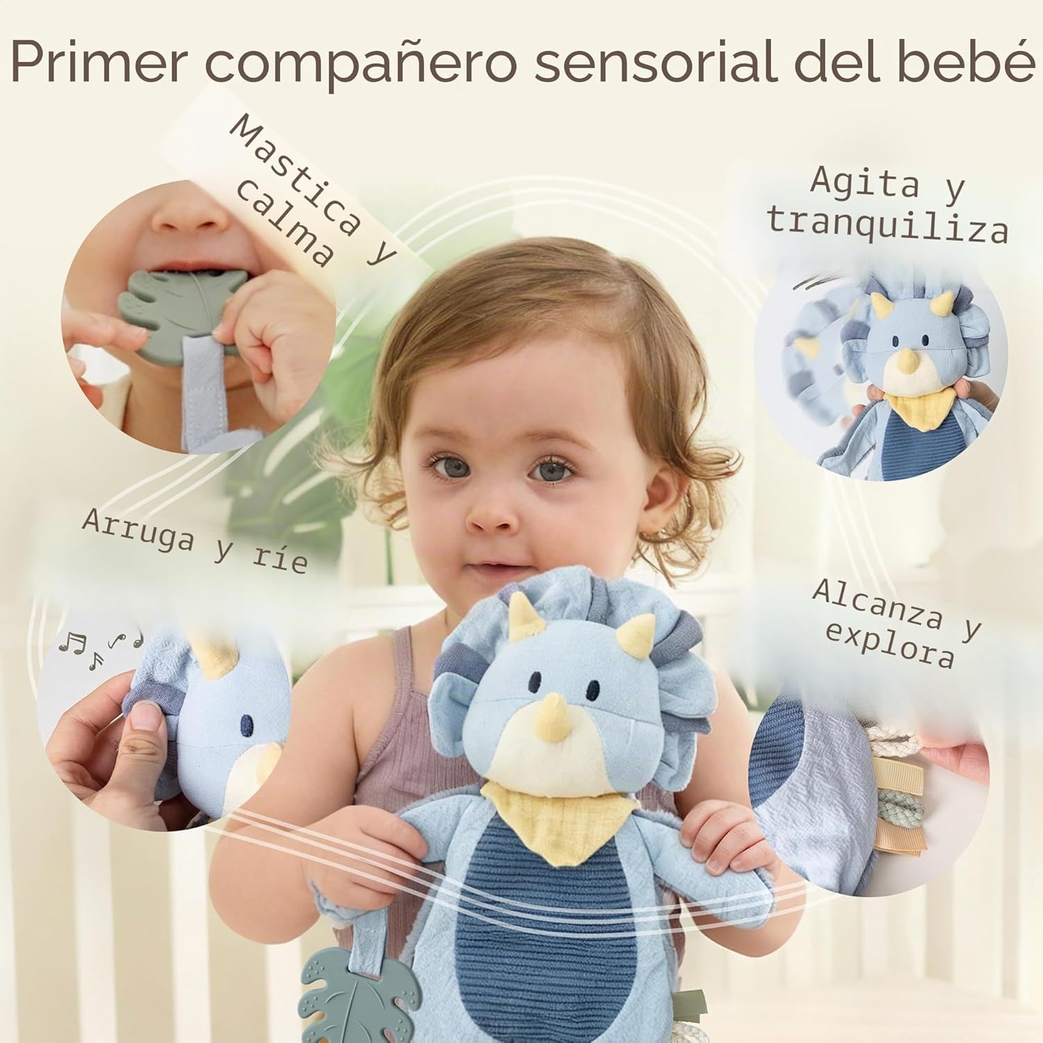 Moonkie Peluche Bebe, Doudou de Dinosaurio, Muñeco de Apego con Mordedor de Silicona, Regalo Bebe Recien Nacido Niño, Manta d