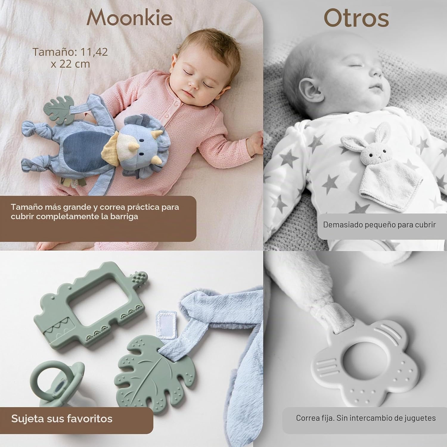 Moonkie Peluche Bebe, Doudou de Dinosaurio, Muñeco de Apego con Mordedor de Silicona, Regalo Bebe Recien Nacido Niño, Manta d