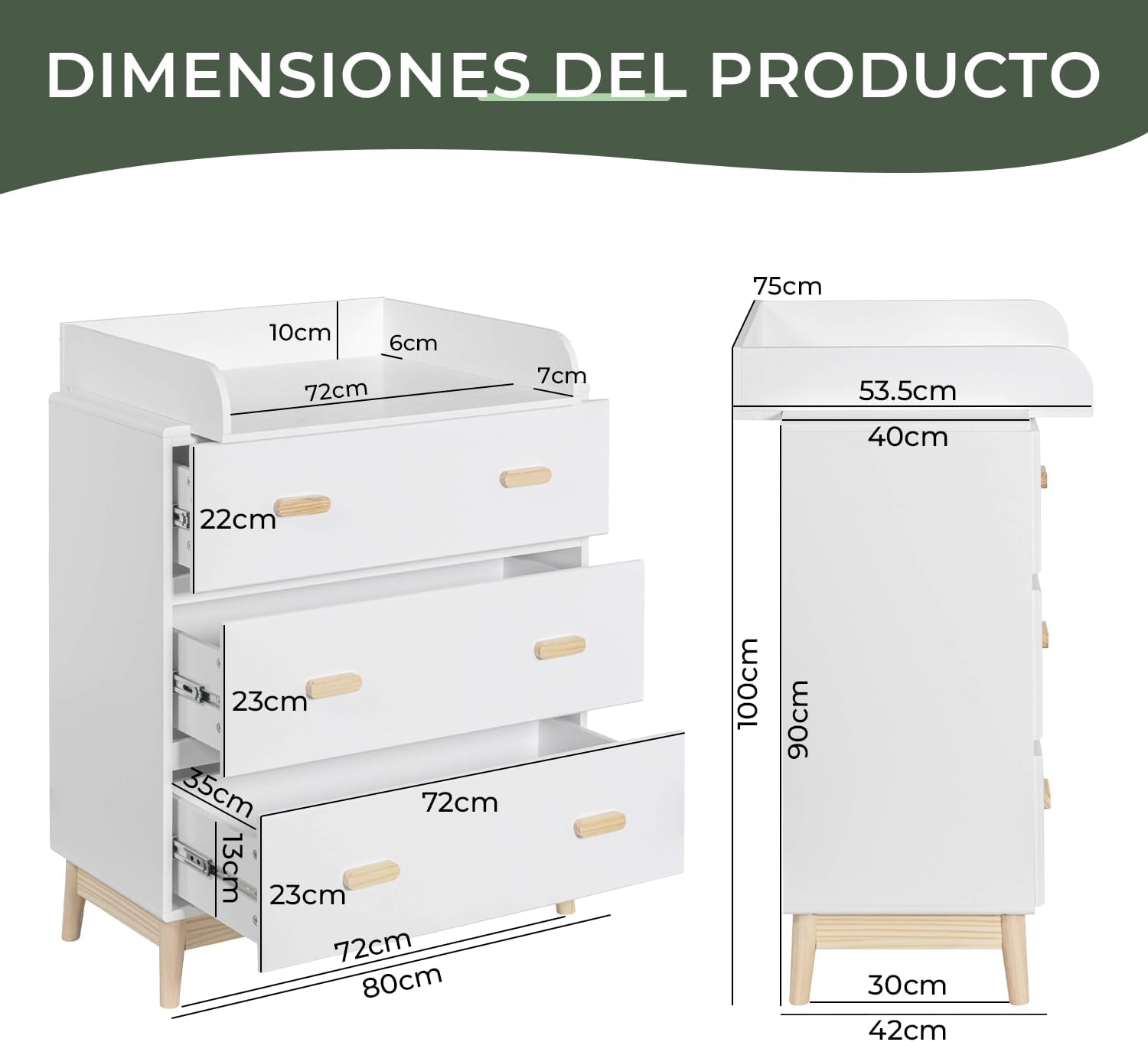Rebecca Mobili Cambiador con Cajones, Mueble con Cambiador, Blanco Marrón, MDF Pino, Compacto, con 3 Cajones - Medidas AxAnxF