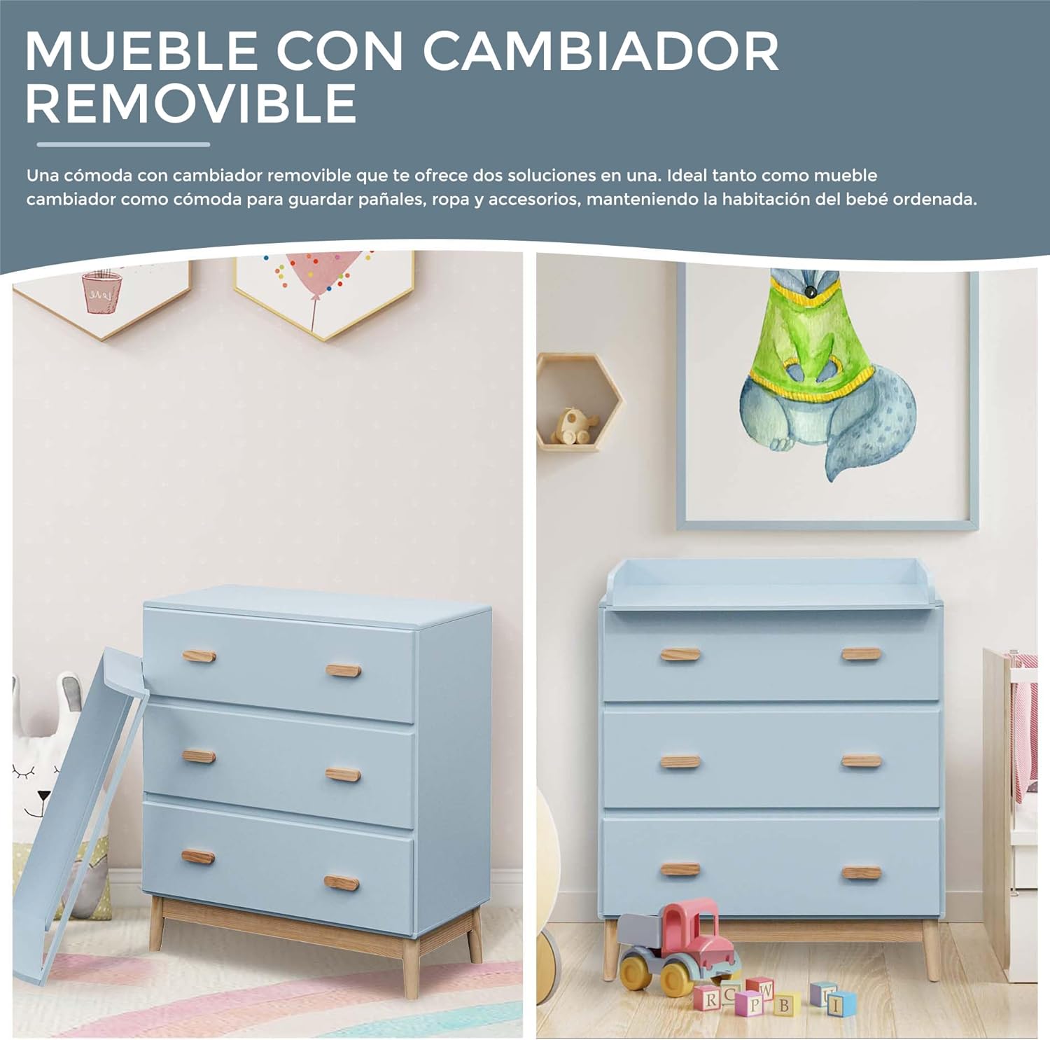 Rebecca Mobili Cambiador con Cajones, Mueble con Cambiador, Blanco Marrón, MDF Pino, Compacto, con 3 Cajones - Medidas AxAnxF