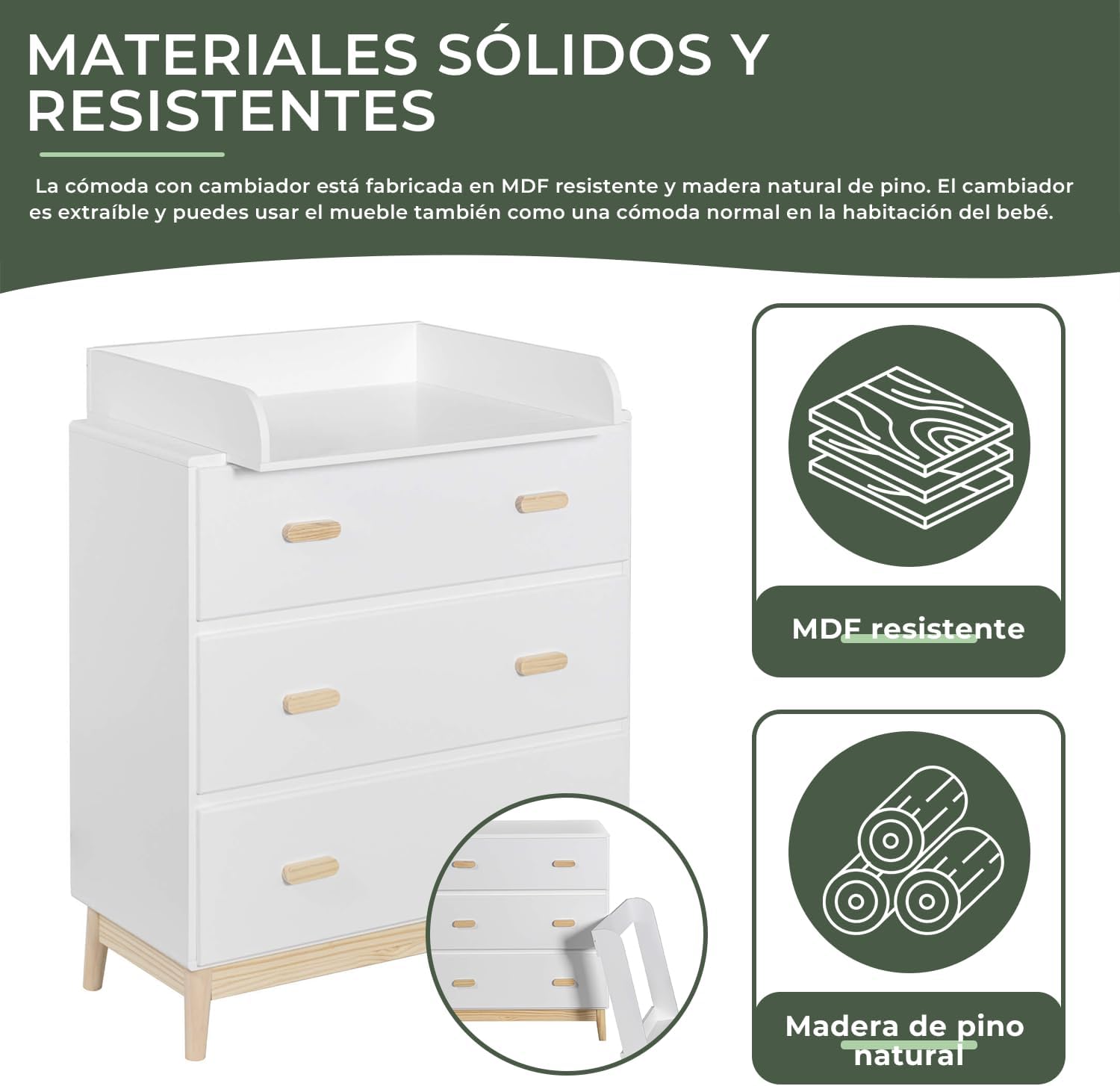 Rebecca Mobili Cambiador con Cajones, Mueble con Cambiador, Blanco Marrón, MDF Pino, Compacto, con 3 Cajones - Medidas AxAnxF