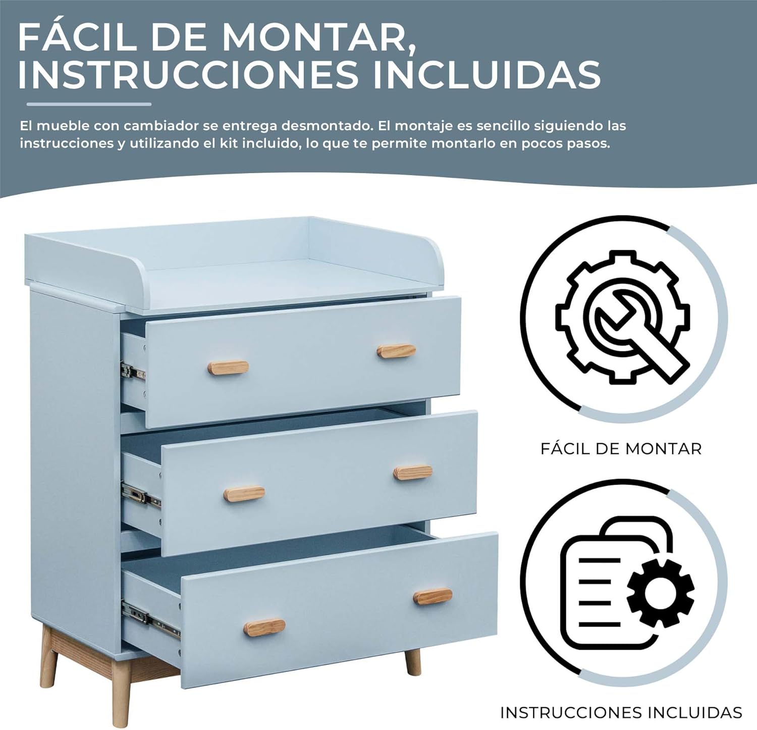 Rebecca Mobili Cambiador con Cajones, Mueble con Cambiador, Blanco Marrón, MDF Pino, Compacto, con 3 Cajones - Medidas AxAnxF
