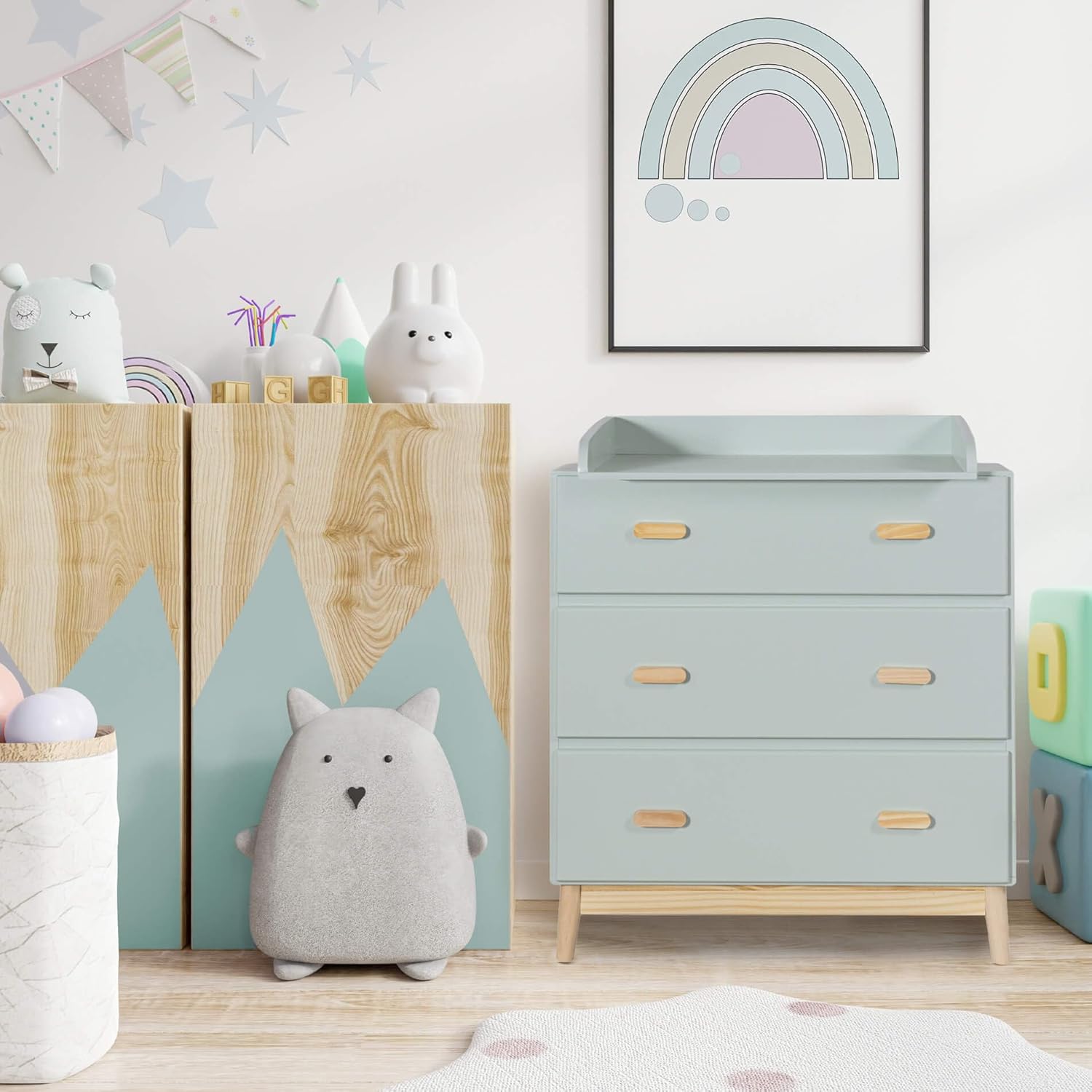 Rebecca Mobili Mueble con Cambiador, Cómoda Cambiador, Verde Agua Marrón, MDF Pino, Compacto, con Cambiador Desmontable - Med