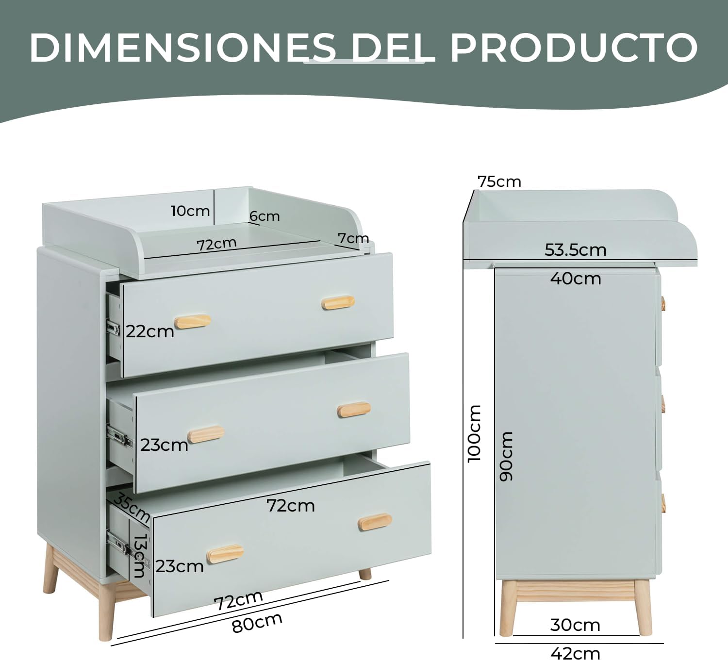 Rebecca Mobili Mueble con Cambiador, Cómoda Cambiador, Verde Agua Marrón, MDF Pino, Compacto, con Cambiador Desmontable - Med