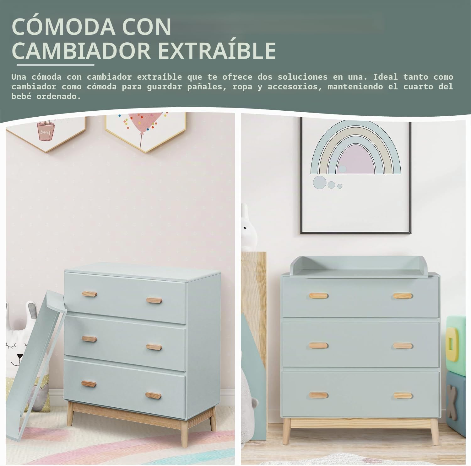 Rebecca Mobili Mueble con Cambiador, Cómoda Cambiador, Verde Agua Marrón, MDF Pino, Compacto, con Cambiador Desmontable - Med