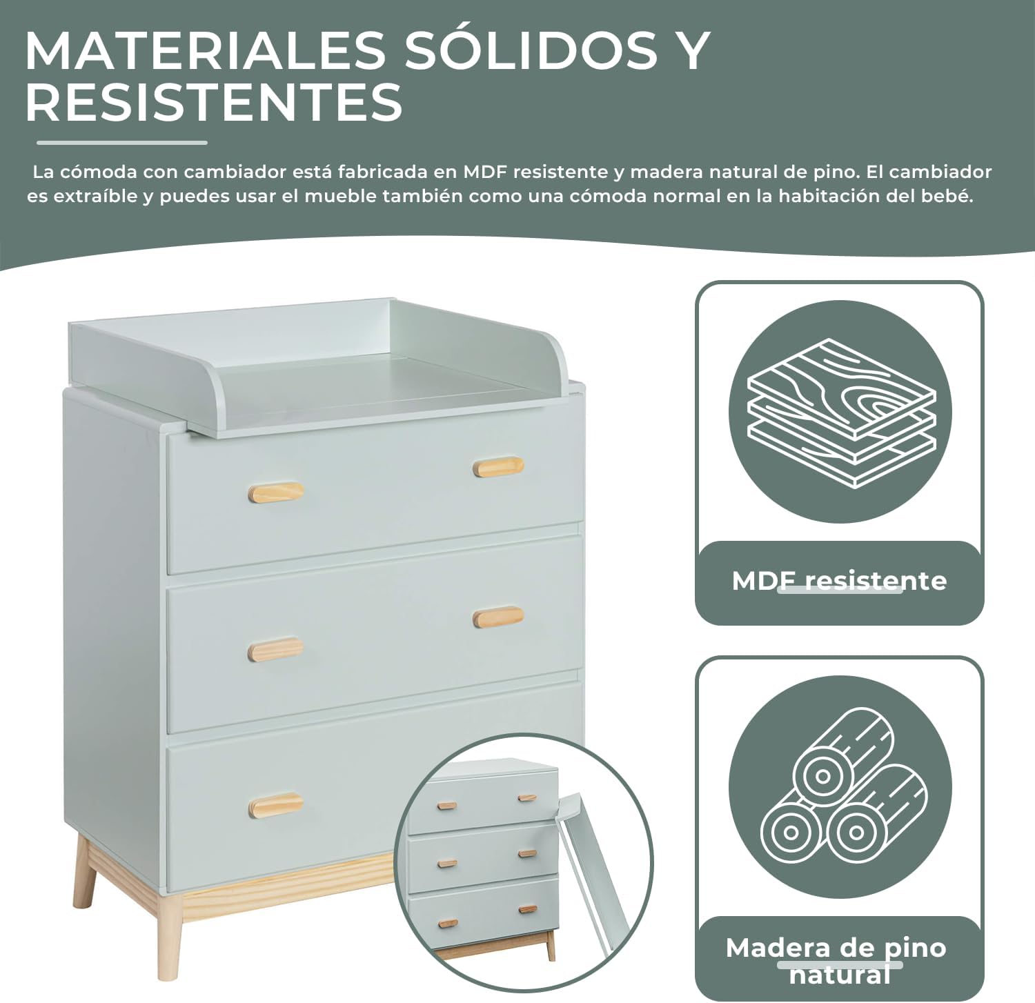 Rebecca Mobili Mueble con Cambiador, Cómoda Cambiador, Verde Agua Marrón, MDF Pino, Compacto, con Cambiador Desmontable - Med