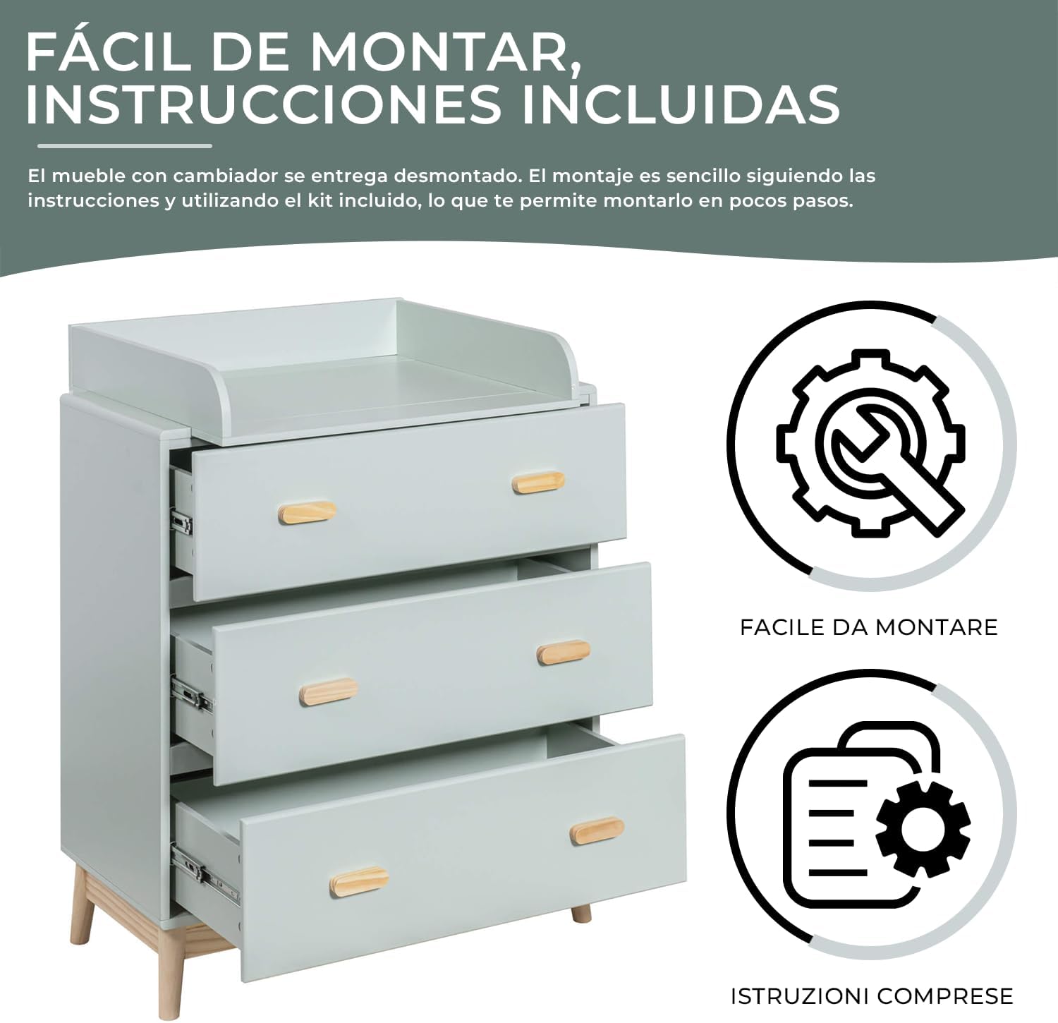 Rebecca Mobili Mueble con Cambiador, Cómoda Cambiador, Verde Agua Marrón, MDF Pino, Compacto, con Cambiador Desmontable - Med