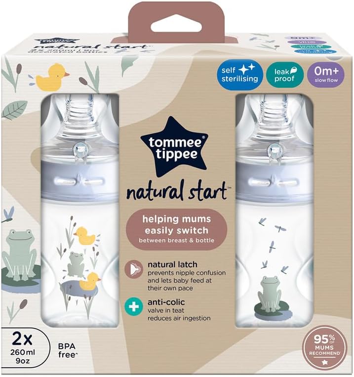 Tommee Tippee Biberones, biberón anticólicos Natural Start, 260 ml, con tetina anatómica para un agarre natural, válvula anti