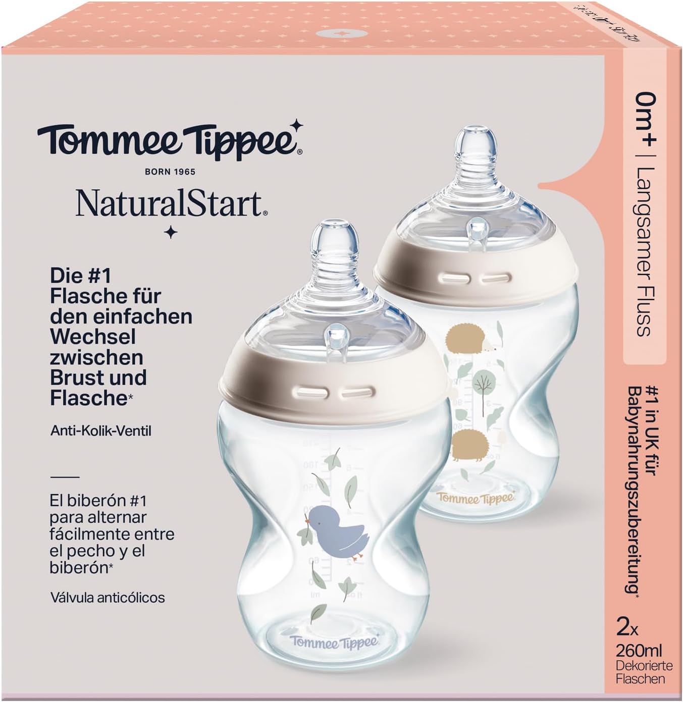 Tommee Tippee Biberones, biberón anticólicos Natural Start, 260 ml, pack de 2, con tetina de flujo lento tetina anatómica par