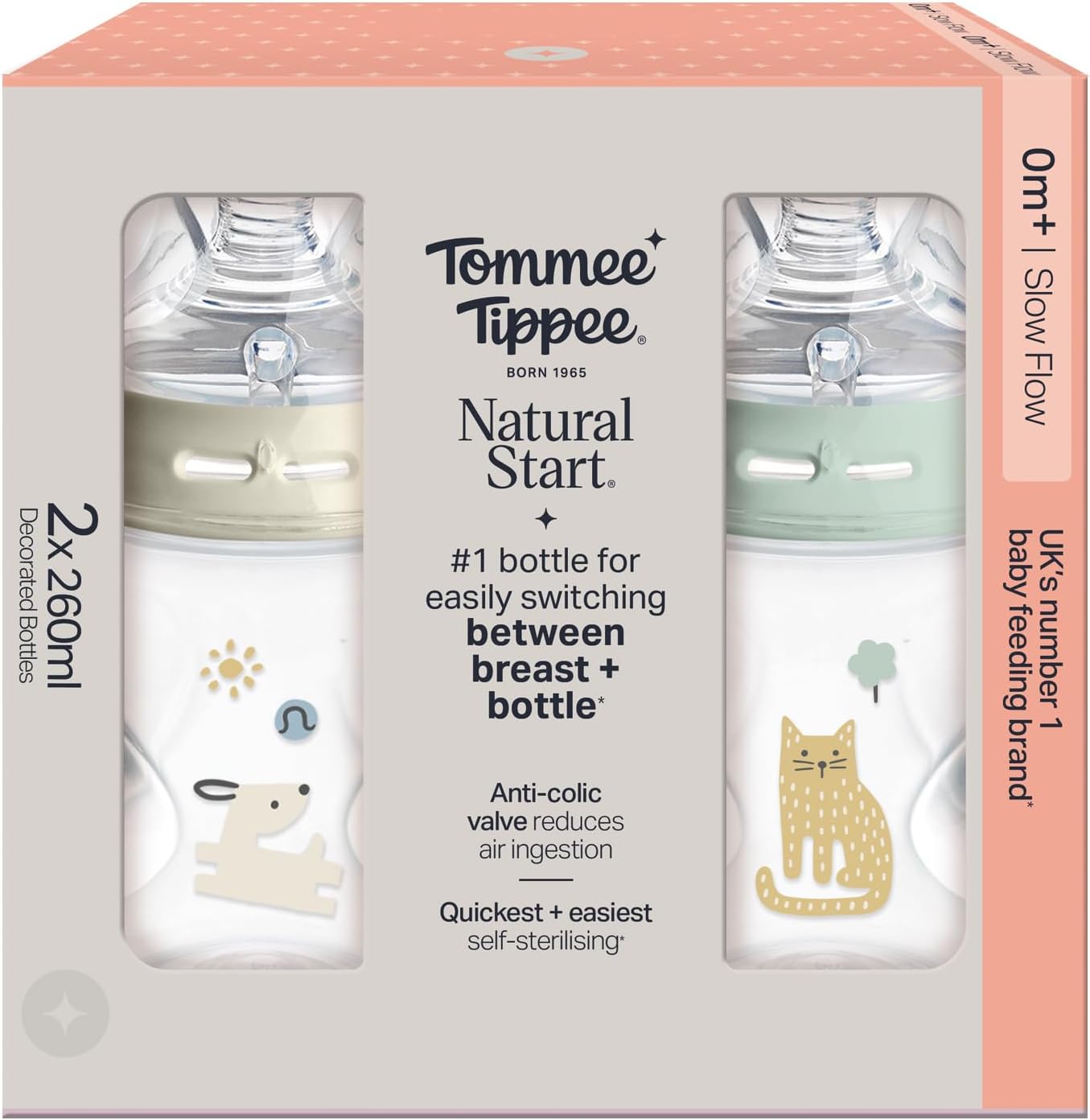 Tommee Tippee Biberones, Biberón Natural Start para 0m+, pack de 2, 260ml Biberones, con Tetina Flujo Lento para un Agarre Na
