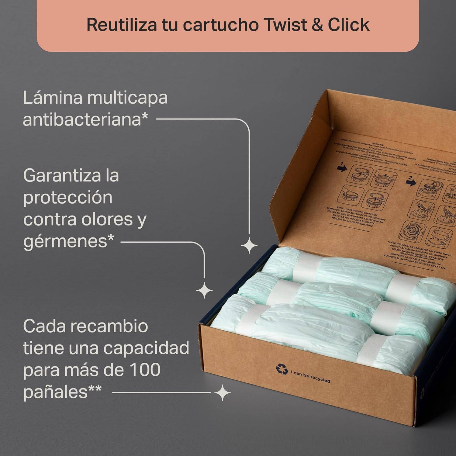Tommee Tippee Bolsas de recambios para contenedor de pañales Twist & Click, Pack de 3 láminas multicapas antibacterianas* de
