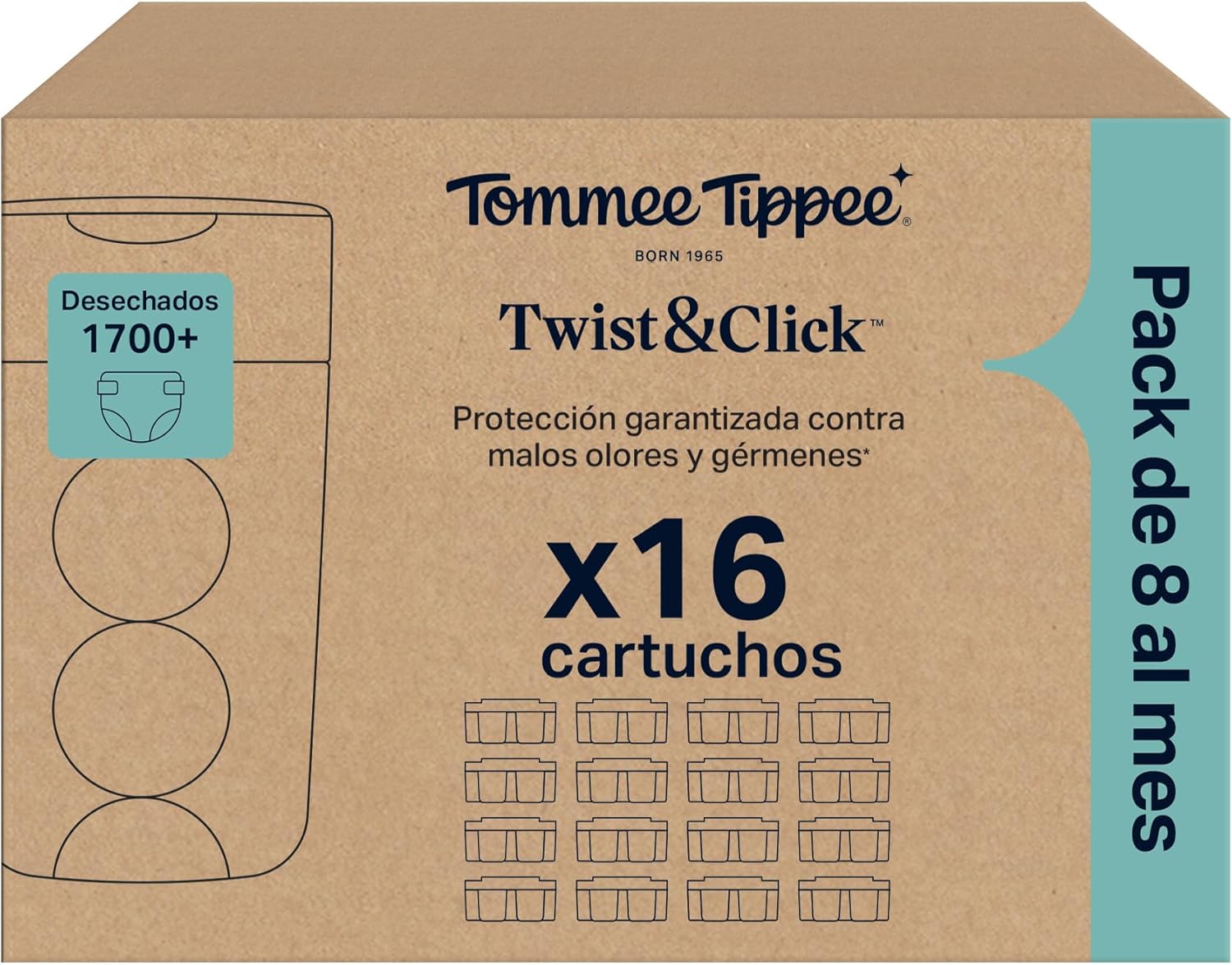 Tommee Tippee Cartuchos de recambio para contenedor de pañales Twist & Click, Pack exclusivo de 16 cartuchos de 10,5 m para r