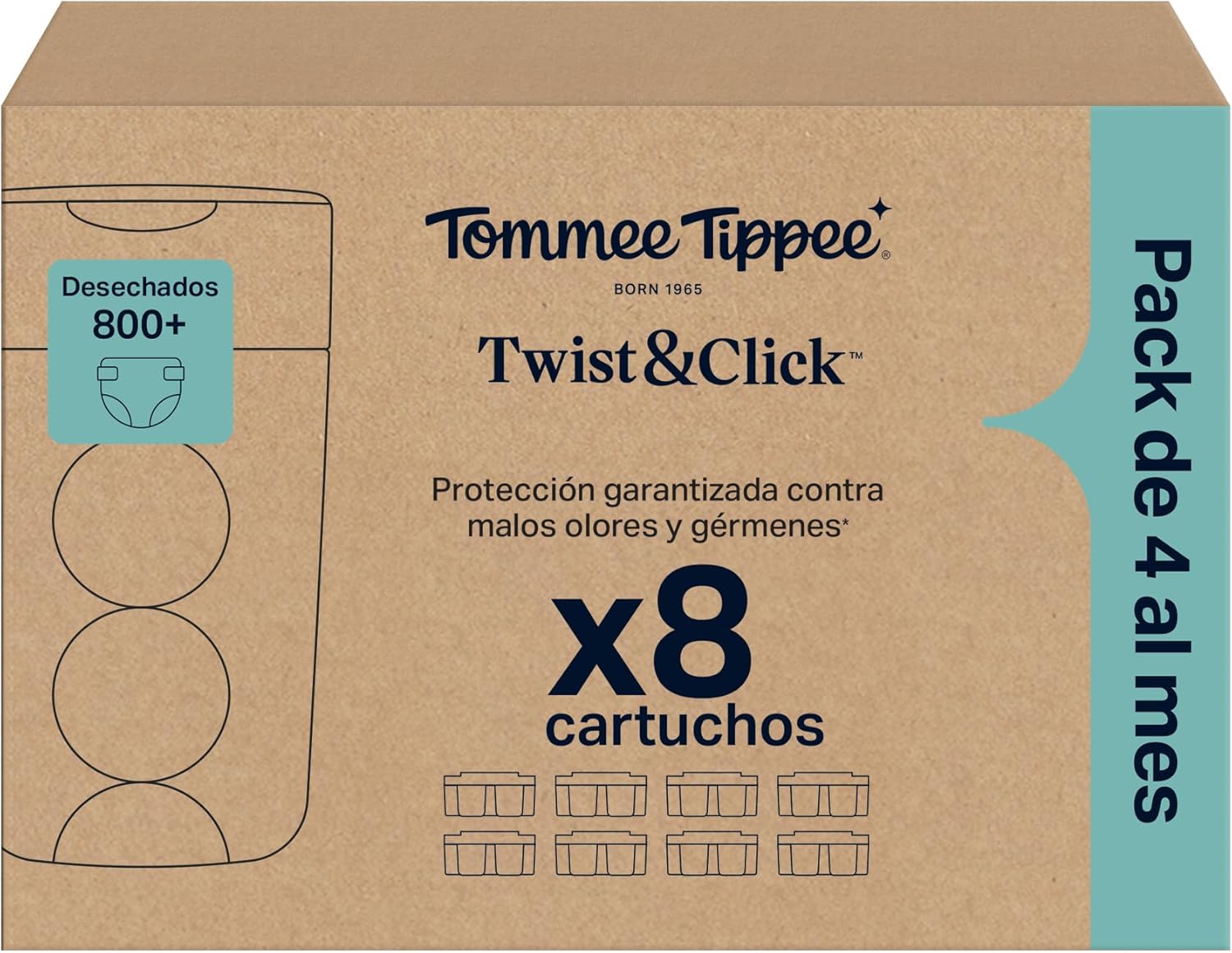 Tommee Tippee Cartuchos de recambio para contenedor de pañales Twist & Click, Pack exclusivo de 8 cartuchos de 10,5 m para re