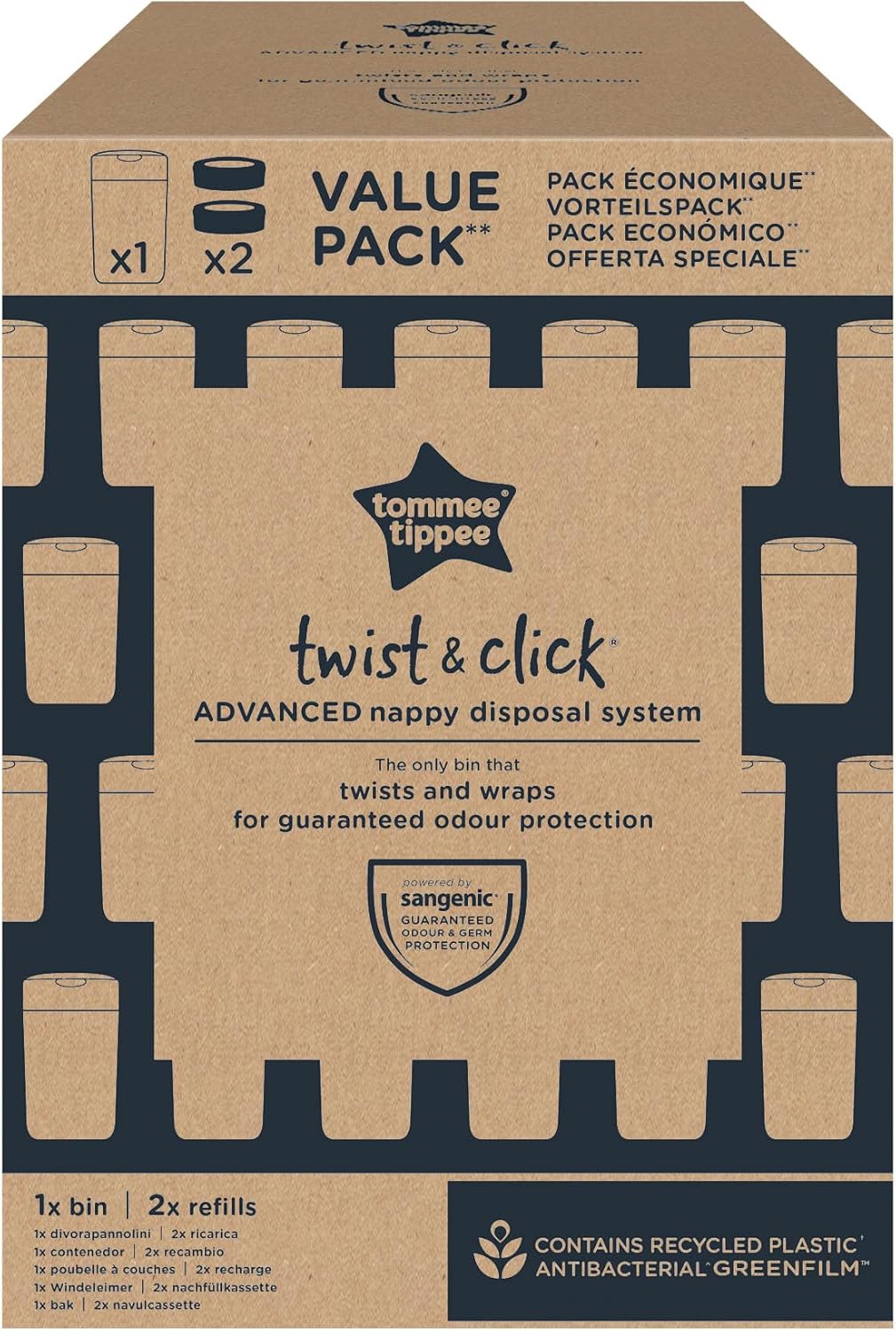 Tommee Tippee Contenedor para pañales Twist & Click, Pack Exclusivo con x2 Recambios incluidos, Protección garantizada contra